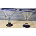 Pair of HUGE 8 Hand Blown Mexican Glass Blue Rim & Foot Martini Glasses