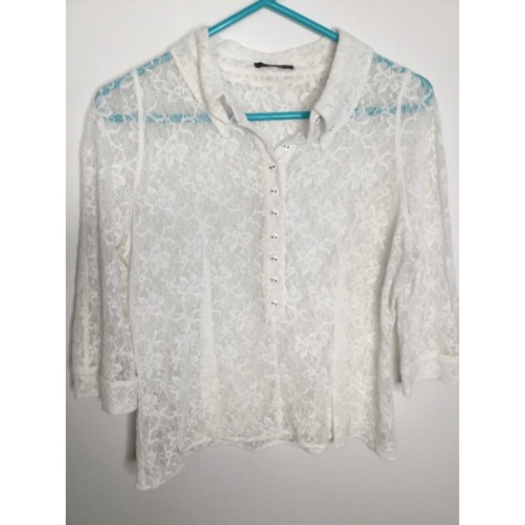 VTG Nina Ricci Lace Crop 2/3 Button 3/4 Sleeve Blouse Women Size M Ivory/White