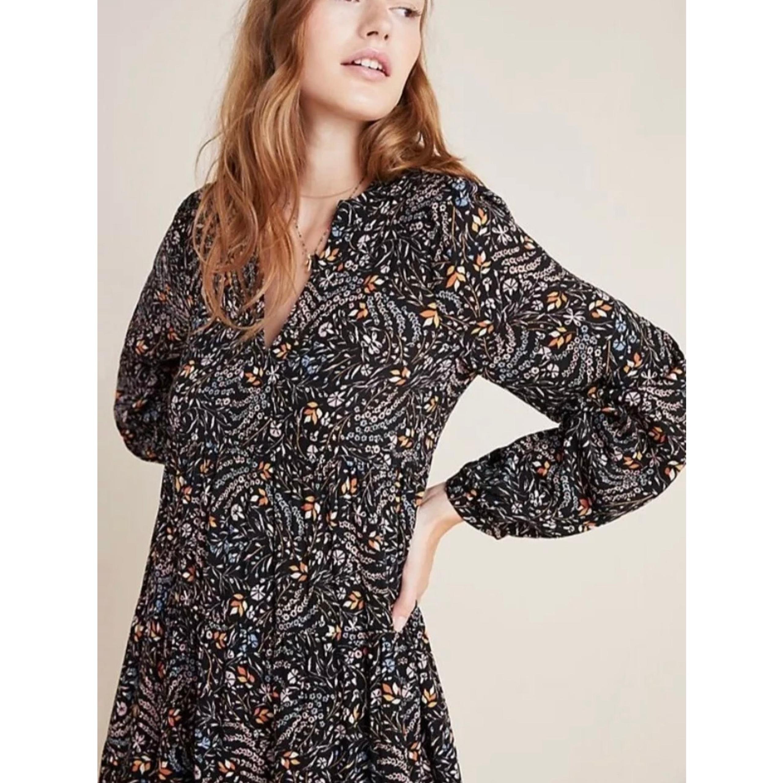 MAEVE | Anthropologie Amber Tiered Tunic Mini Dress Floral Boho Cottagecore XS