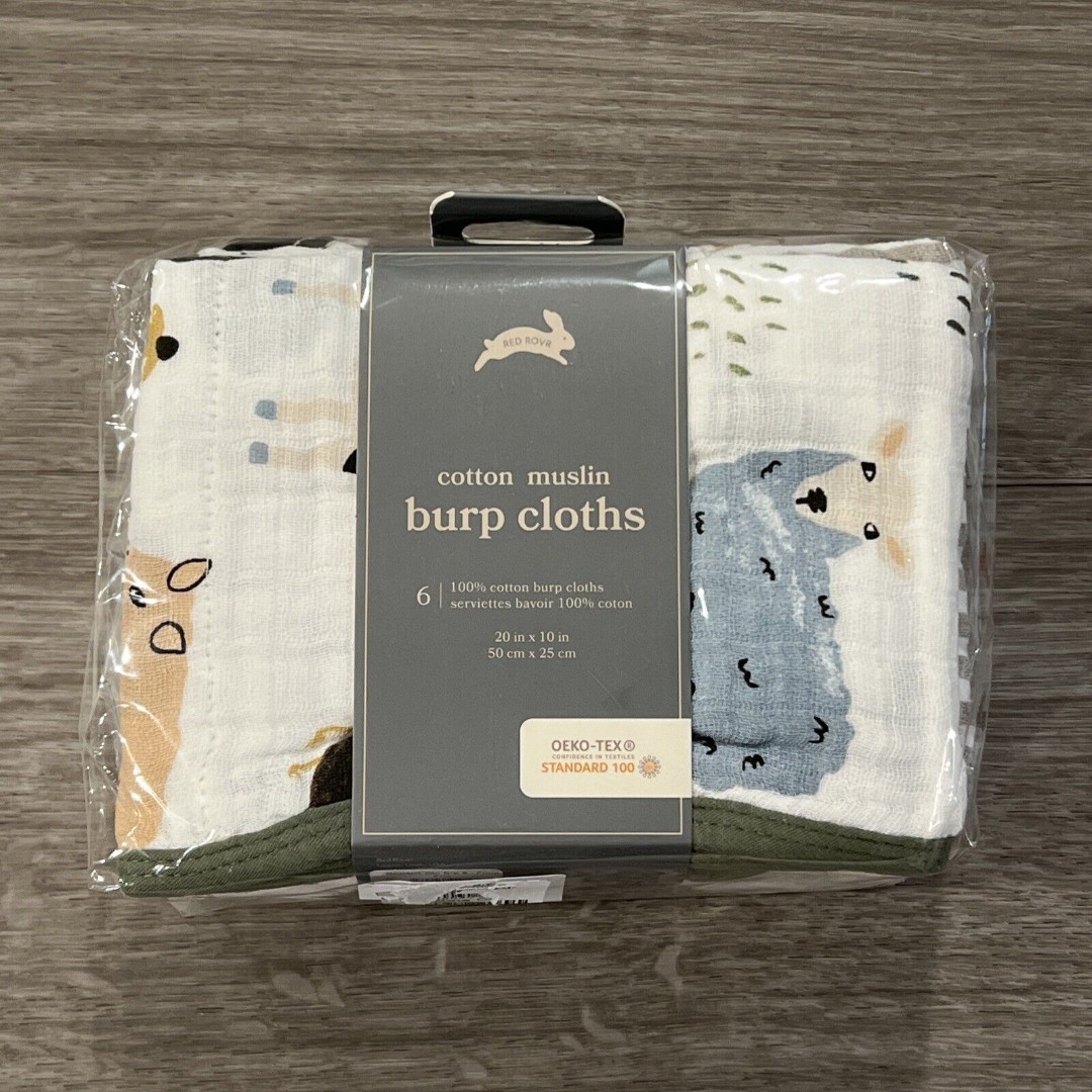 Red Rovr Organic Cotton Muslin Burp Cloths Set Of 6 Barnyard Farm Animals New