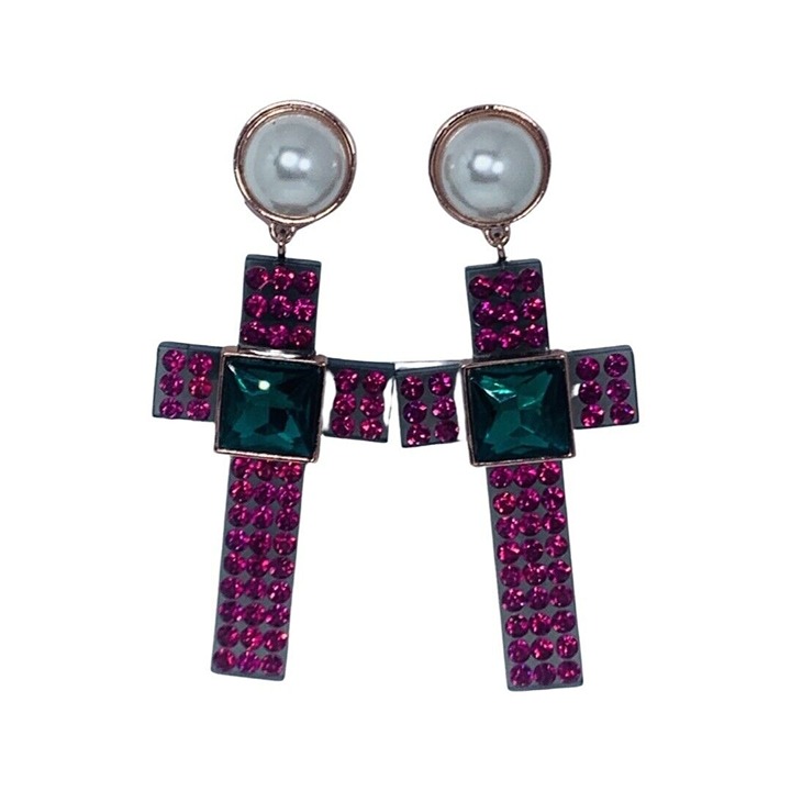 Betsey Johnson DUCHESS OF BETSEYVILLE Lucite Pink Crystal Large Cross Earrings