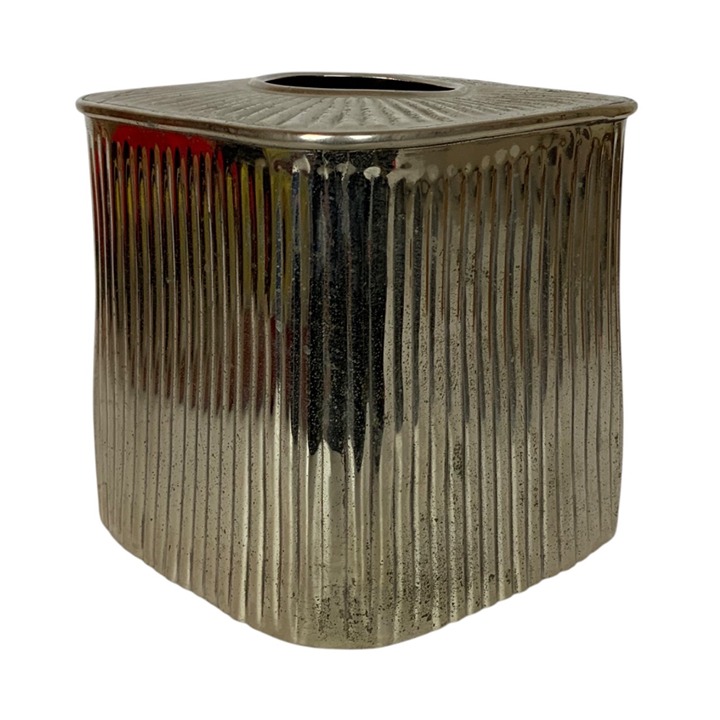 Square Ribbed Silver Metal Tissue Box Cover Decorative Accent Made In India
