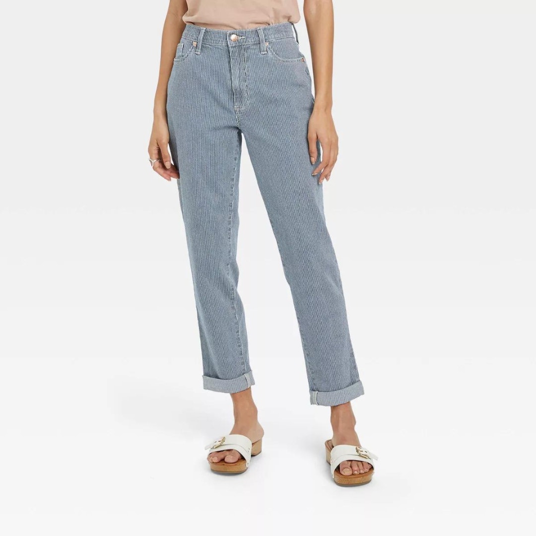 Universal Thread NWT Women's 4 Blue Striped High-Rise Tapered Boyfriend Jeans