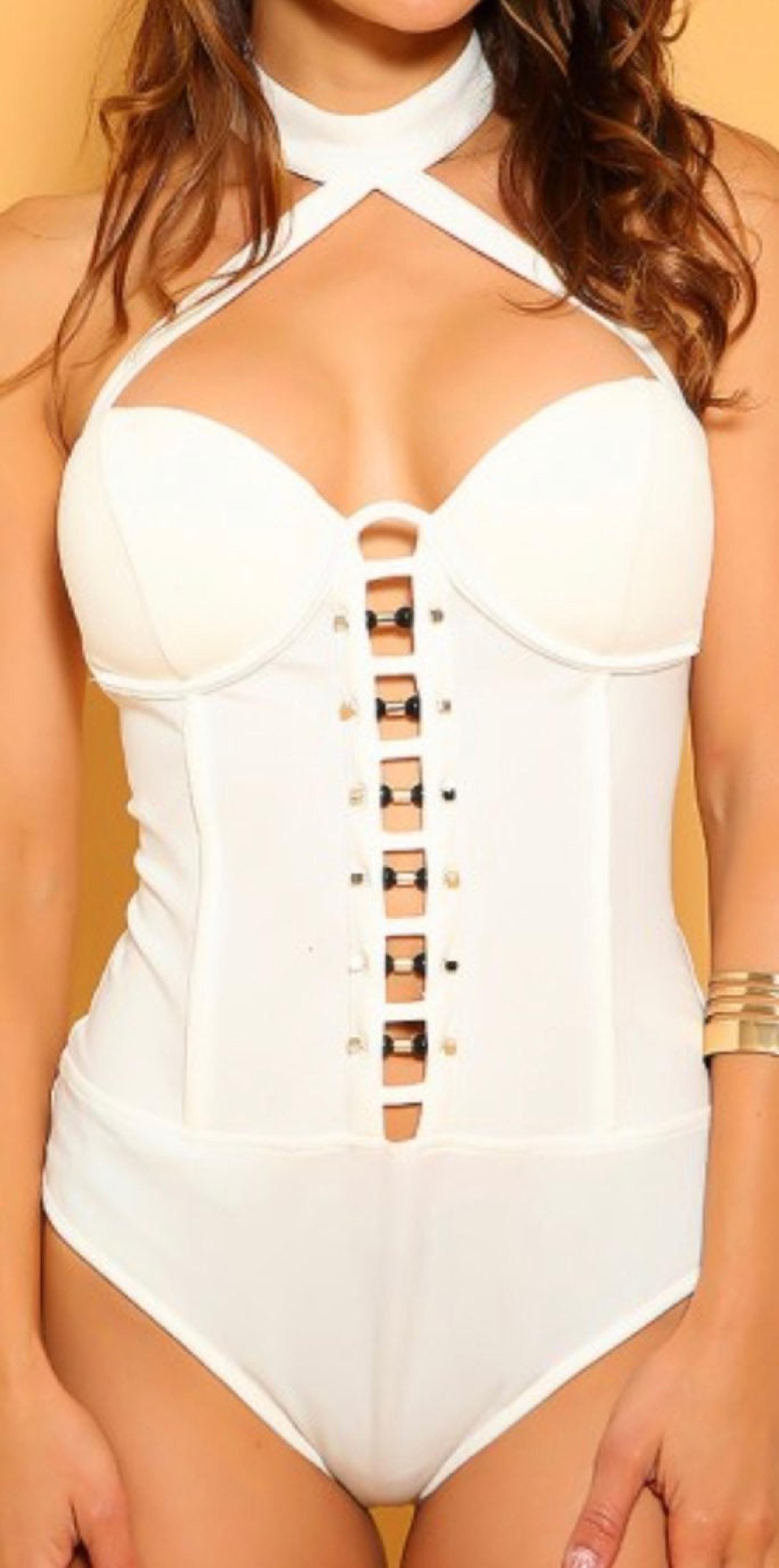 White Mock Neckline One Piece Swimsuit