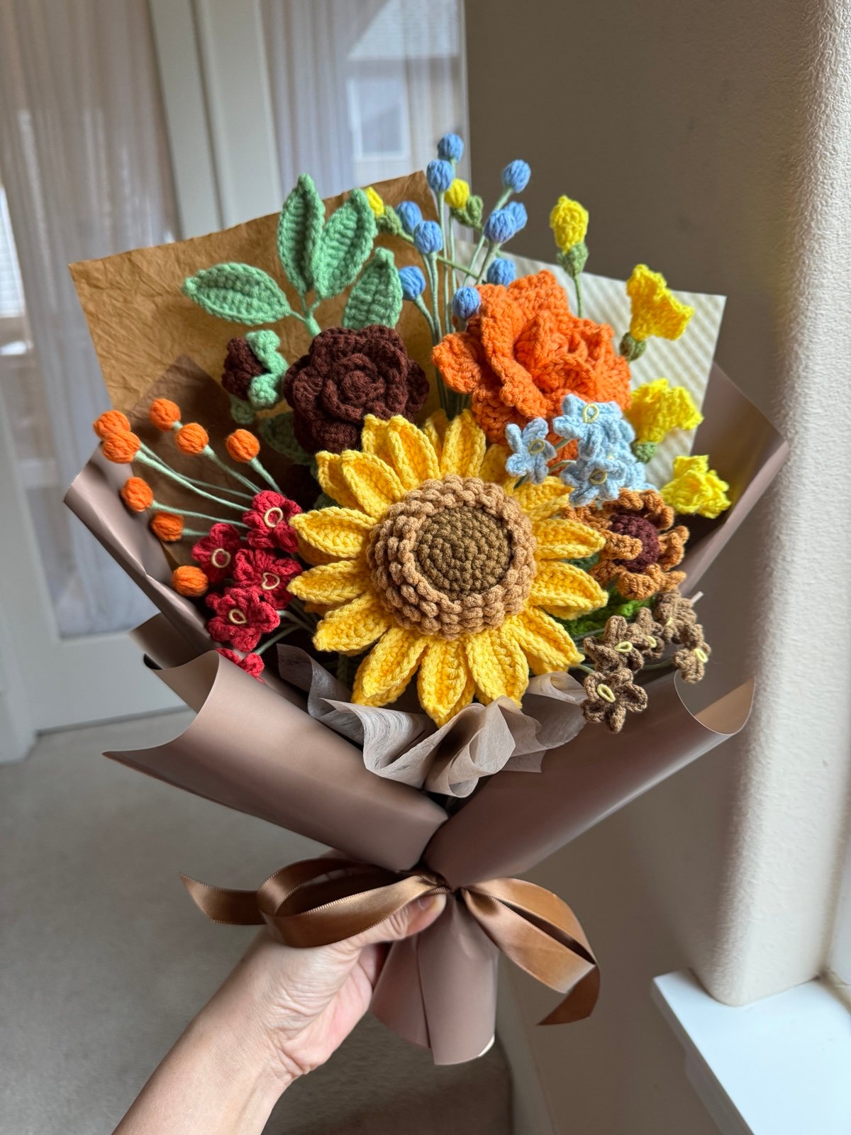 Handmade crochet flower bouquet, birthday, Mother’s Day, sunflower, gift for her