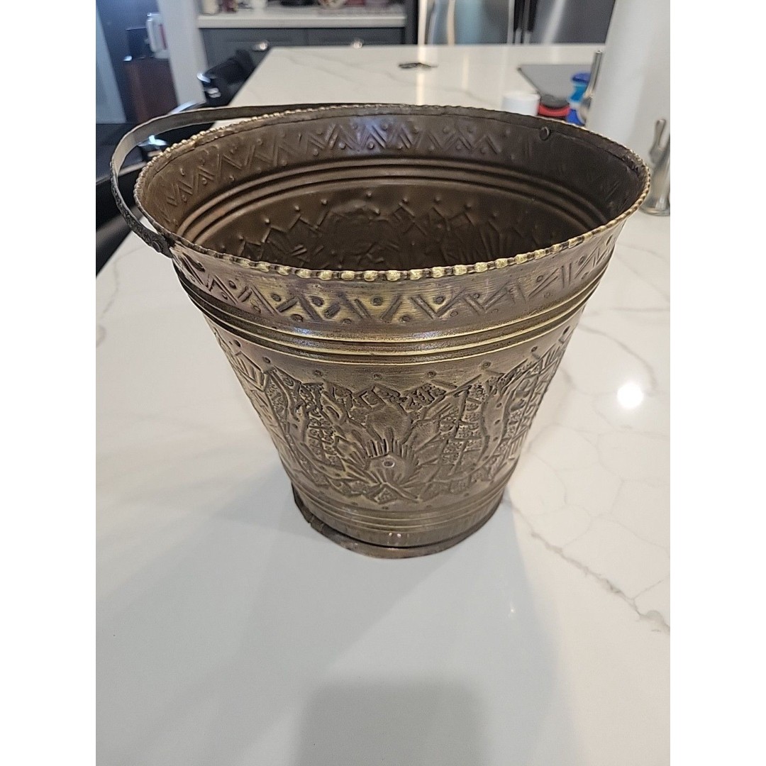 Vtg Rare Indian Brass Copper Bucket with Etched design Fire/Ash Bucket Planter