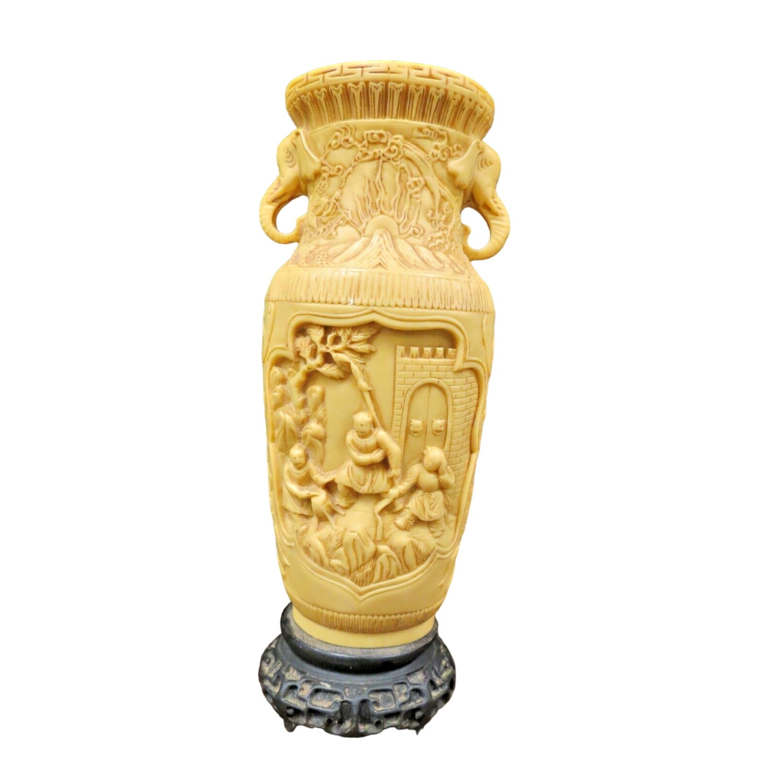 Vintage Chinese Carved Composite Vase Or Urn With Elephant Head Handles - Asian