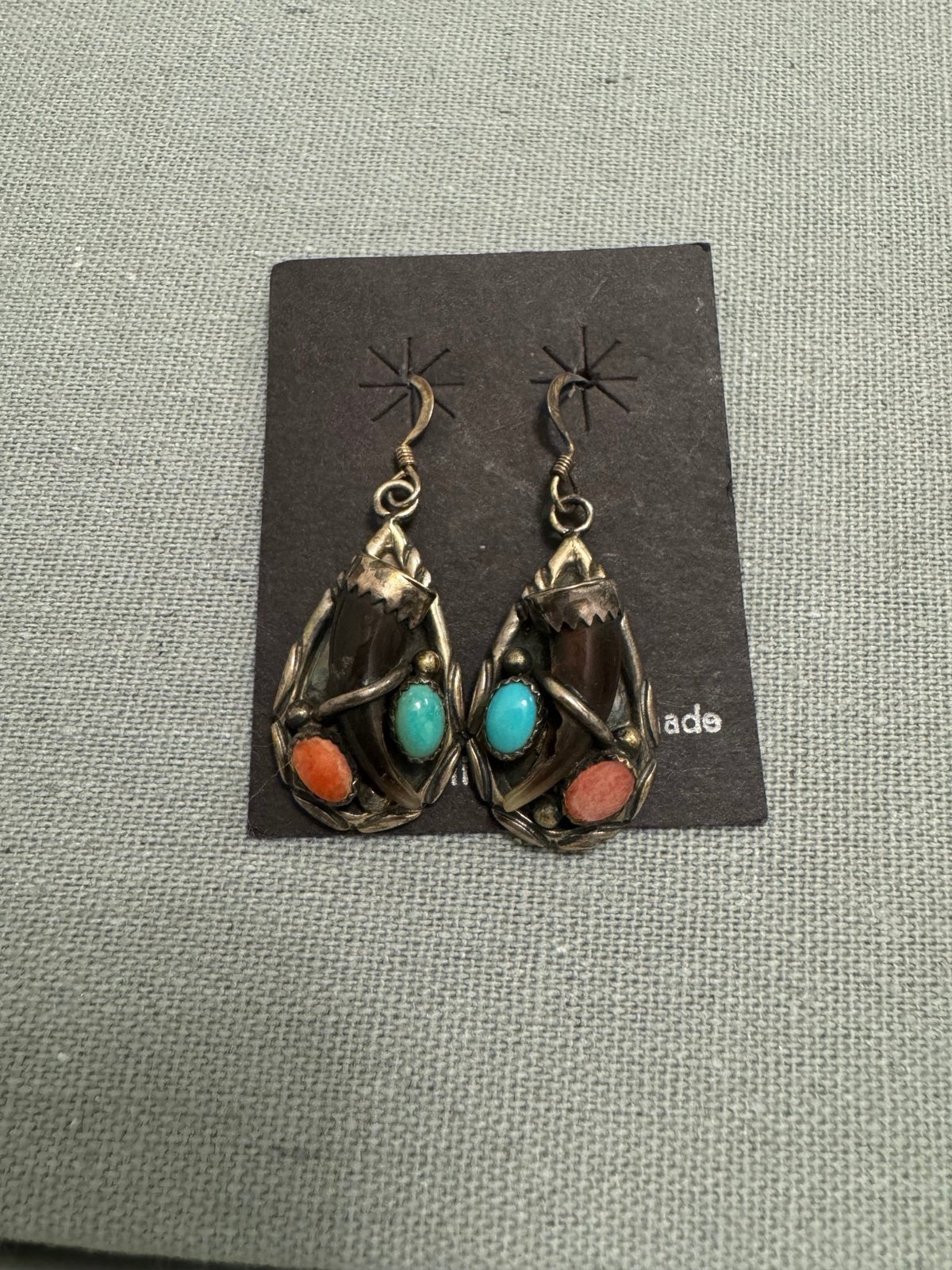 Vintage LES HILL Navajo Turquoise/Coral Sterling Claw Earrings