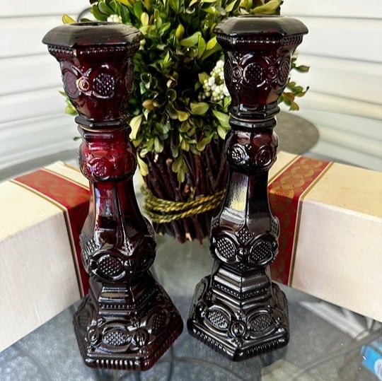 Ruby Red Cape Cod 1876 Pattern Candlesticks Perfume Bottle 8.5 by Avon 1980's