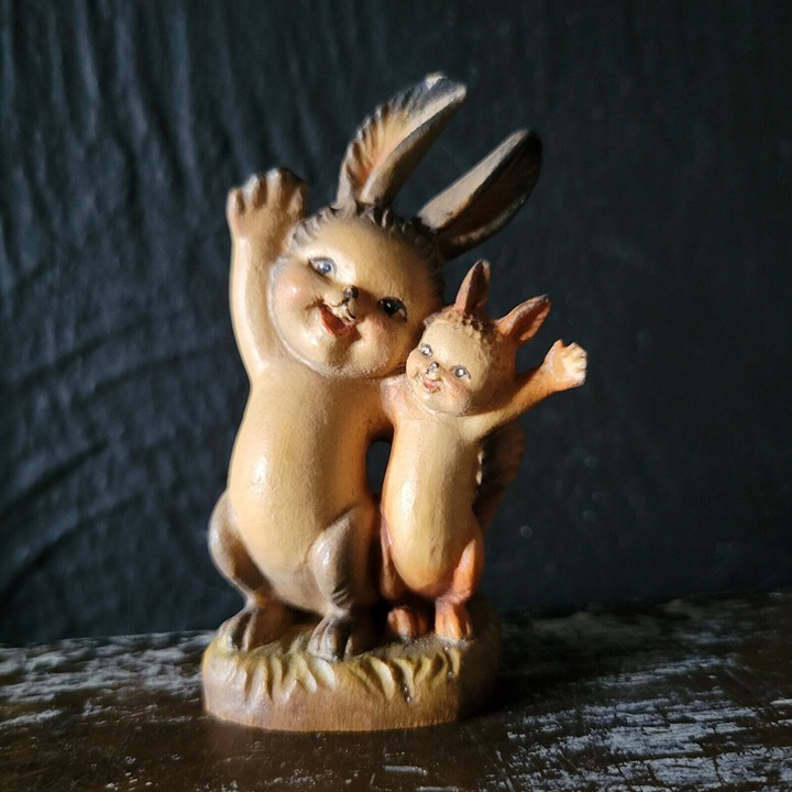 Vintage Greetings ANRI Ferrandiz Wood Carved Figurine - Rabbit & Squirrel Waving