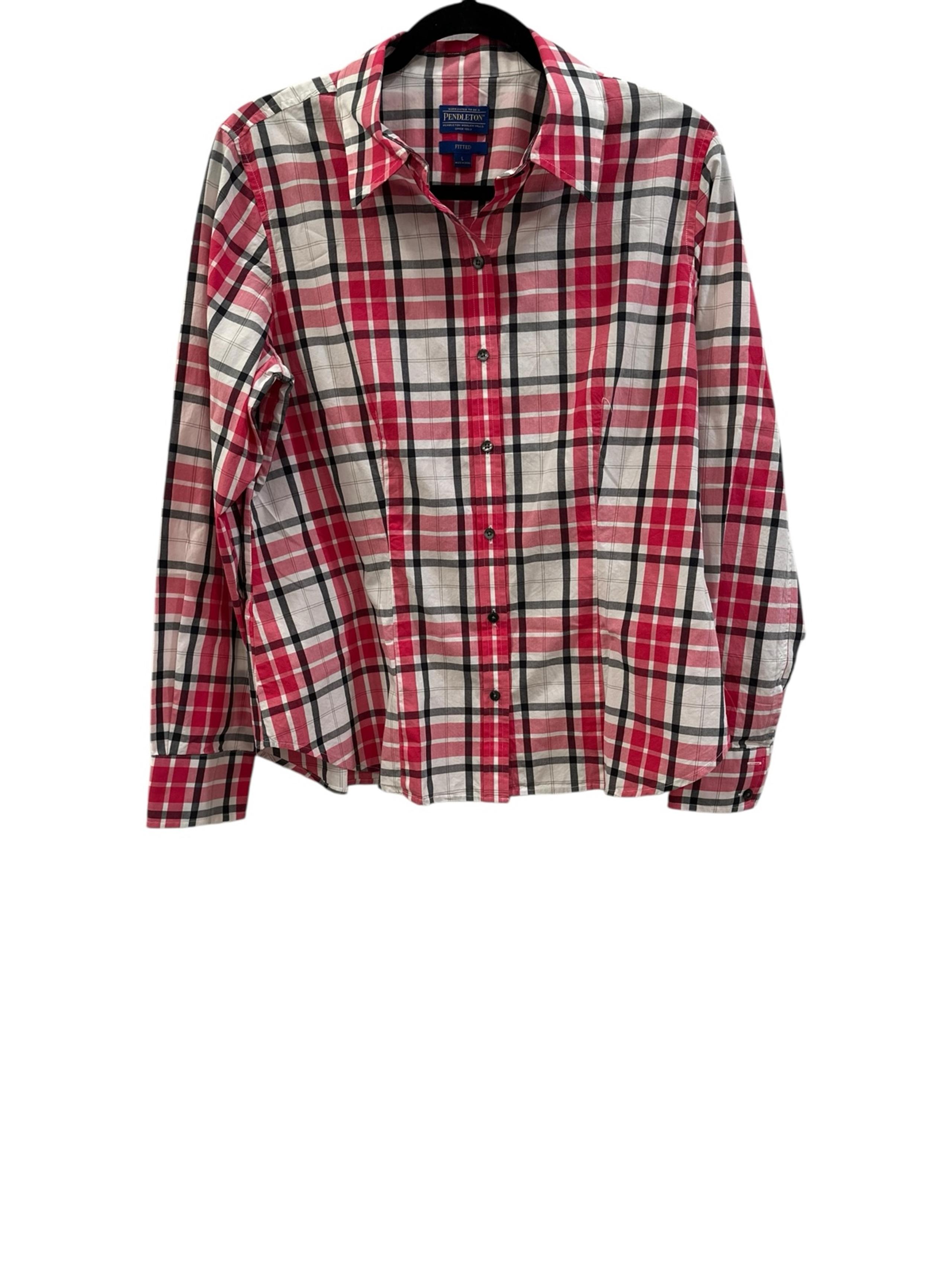 Pendleton Shirt Womens Large fitted Pink Button Up Plaid Roll Tab Cotton Size L