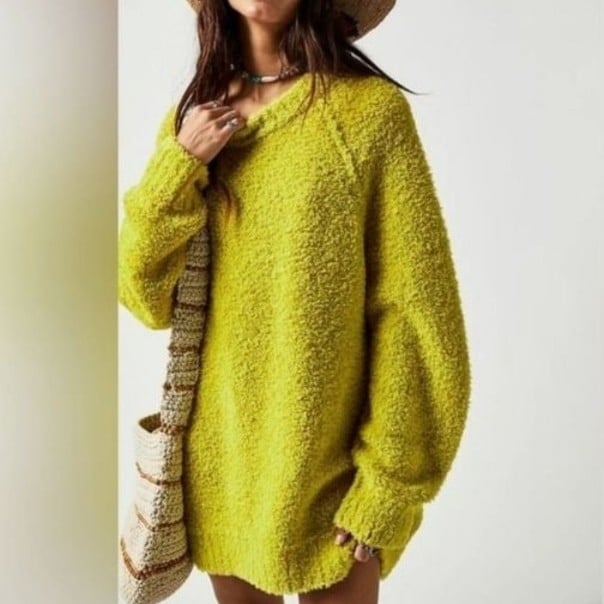NWT Free People Teddy Sweater Tunic Green Longline Knit Cozy Oversized Sz XS