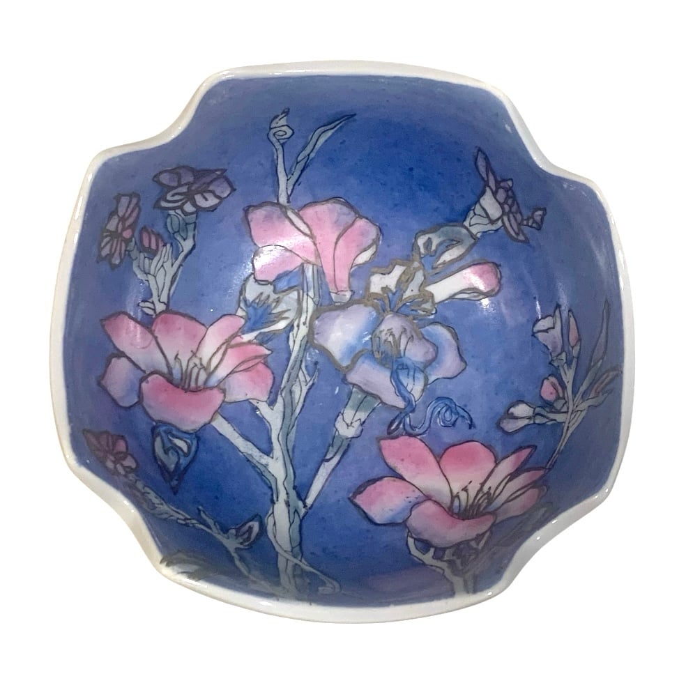 Set Of 2 Decorative Chinese Chinoiserie Notched Rice Bowl Blue Pink Floral Decor