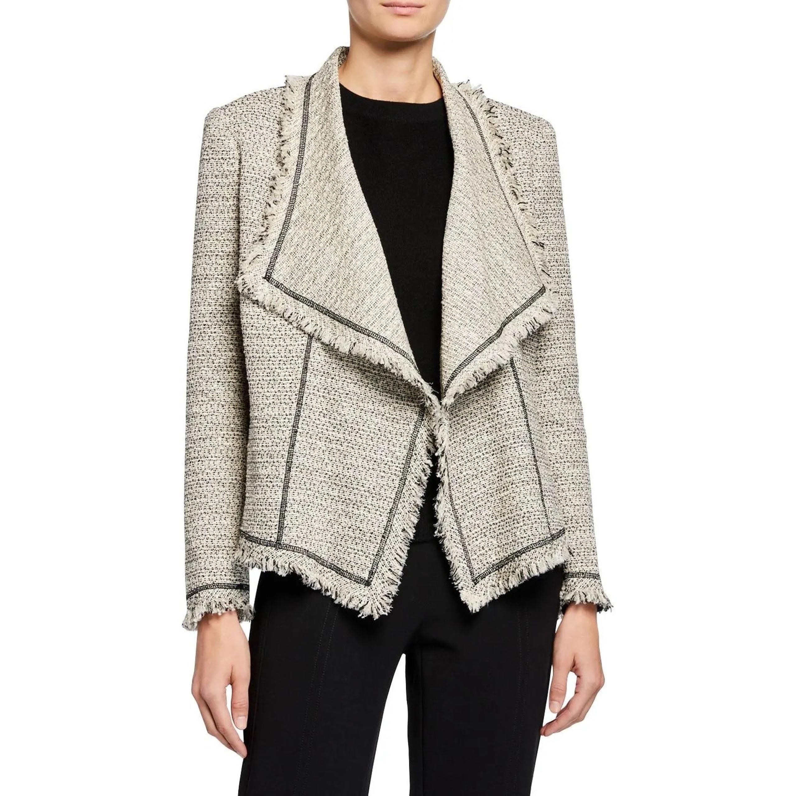 Lafayette 148 New York Eugena Women’s Tweed Fringe Jacket Drape Open Front Sz M