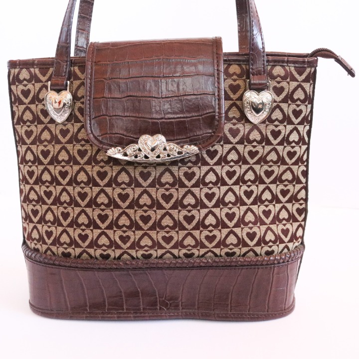 Embellished Heart Brown Tan Canvas Leather Shoulder Satchel Purse | NWOT