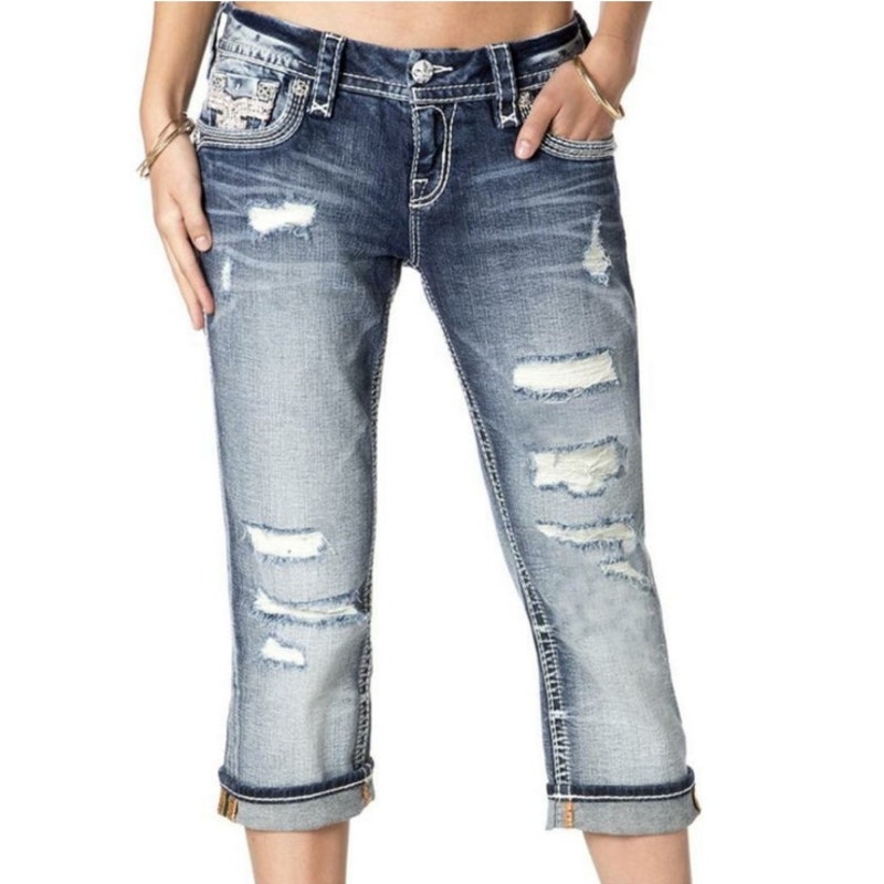 Rock Revival Julieya Crop Jeans Women size 32 Distressed Midrise Capri