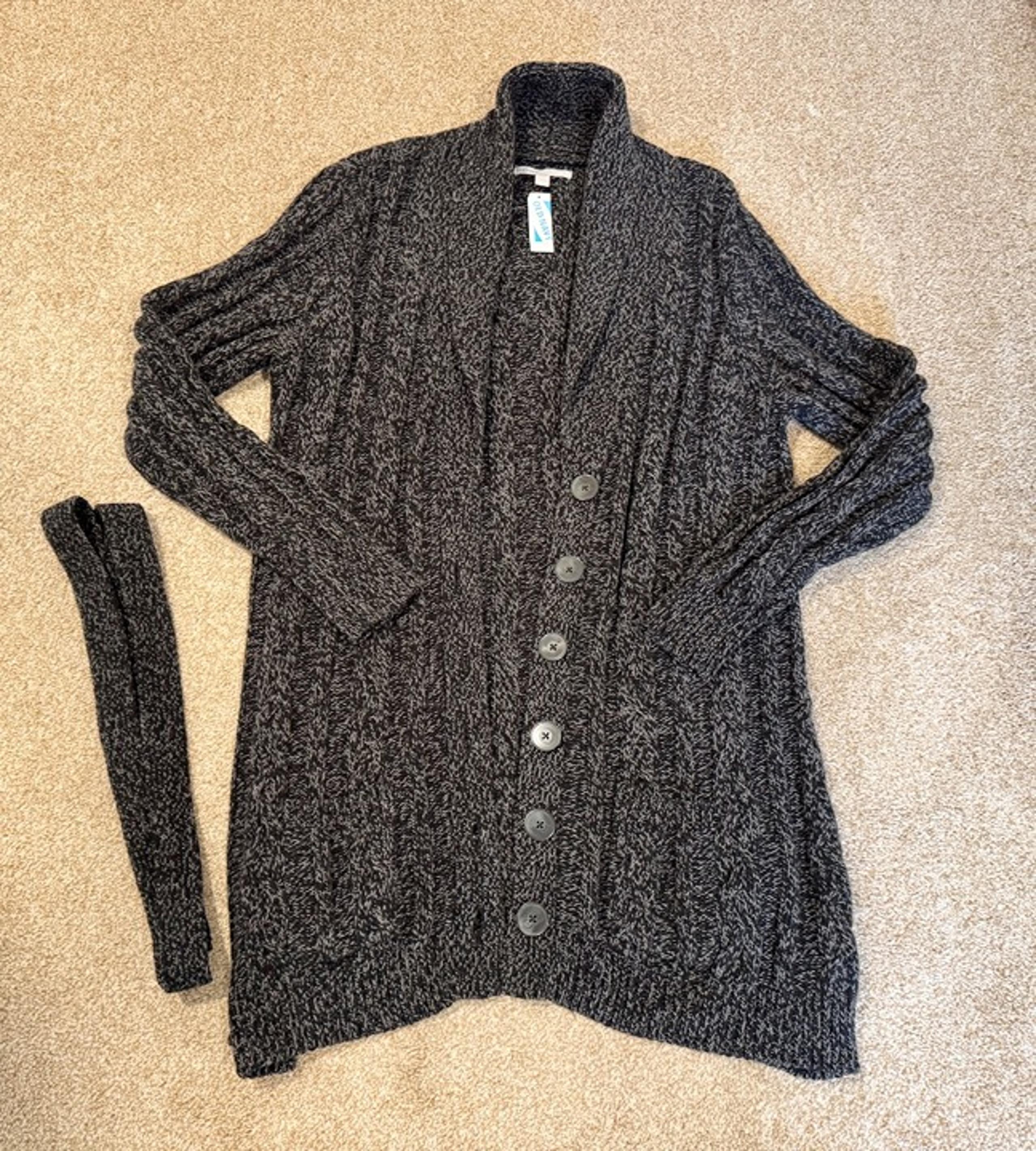 NWT Womens XXL Old Navy Long Heavy Cable Knit Cardigan Sweater Black Gray Marble