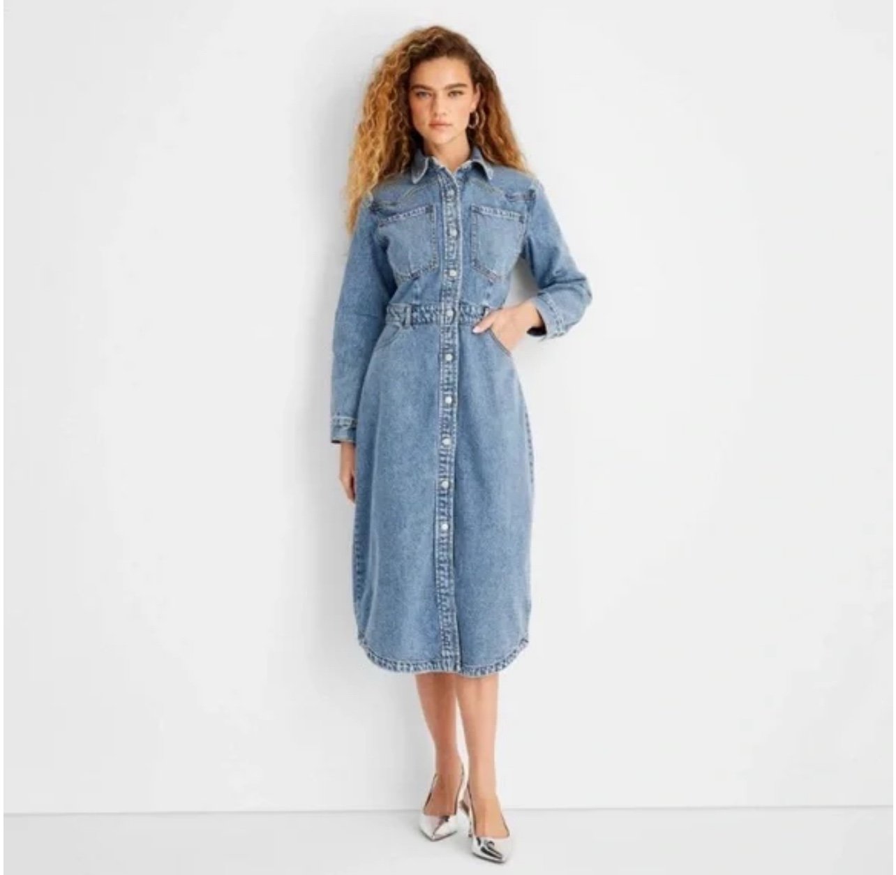 Women's Long Sleeve Denim Midi Dress - Future Collective Medium Wash 8