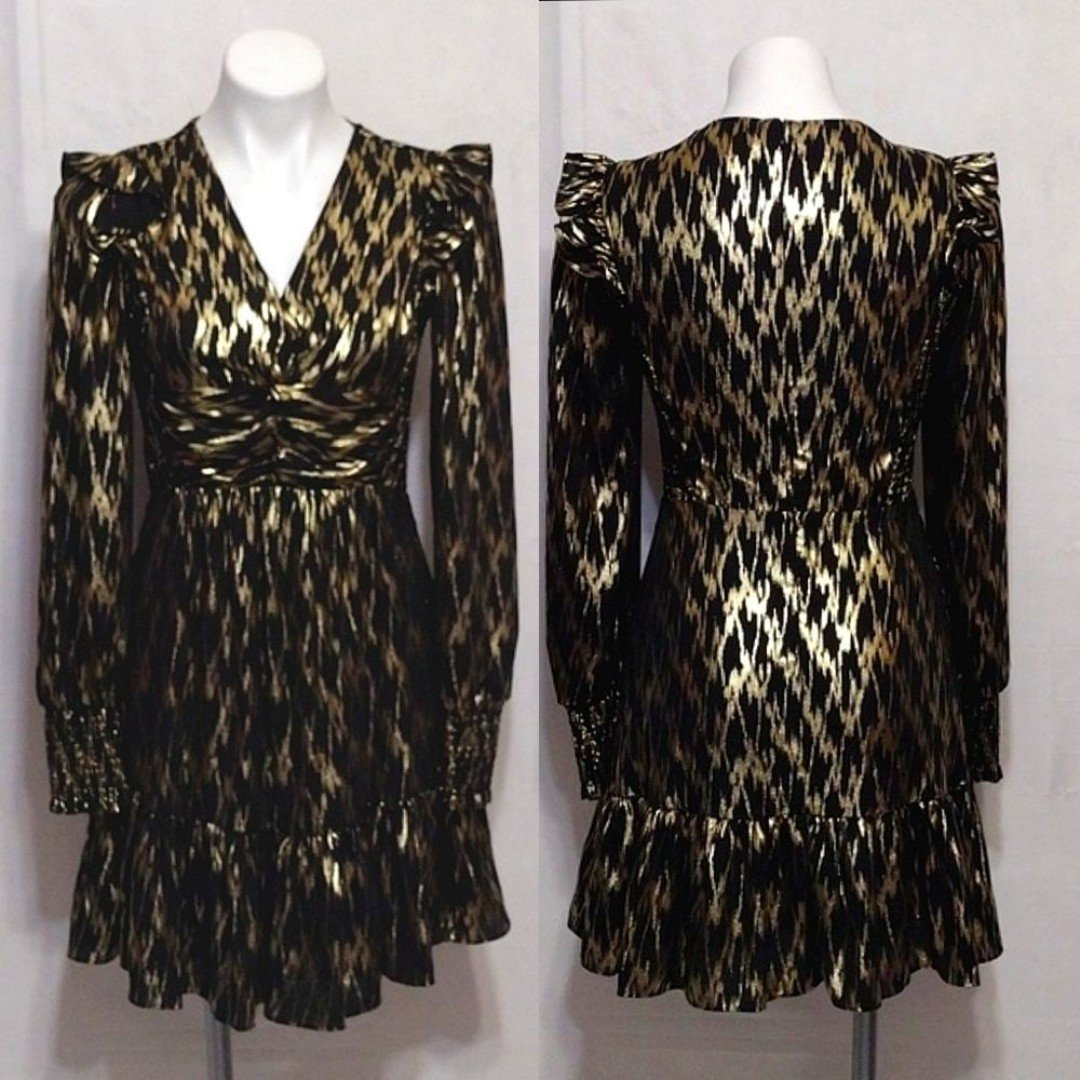 A Loves A Womens Metallic Leopard Print V-neck Ruffled Trim Long Sleeves Dress S