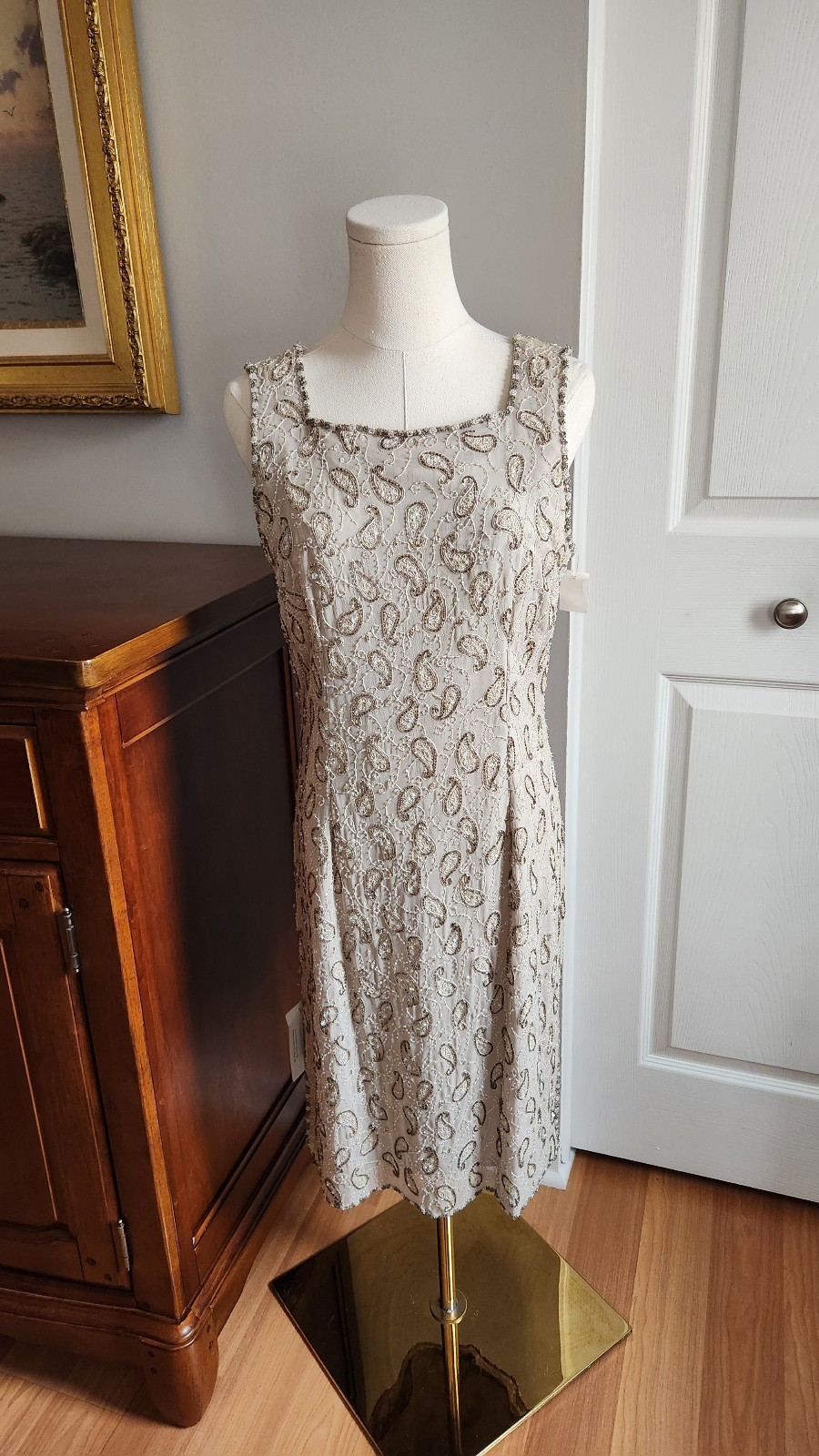 Vintage Jacobson's Phoebe Size 10 Beaded Paisley Tan Formal Cocktail Dress