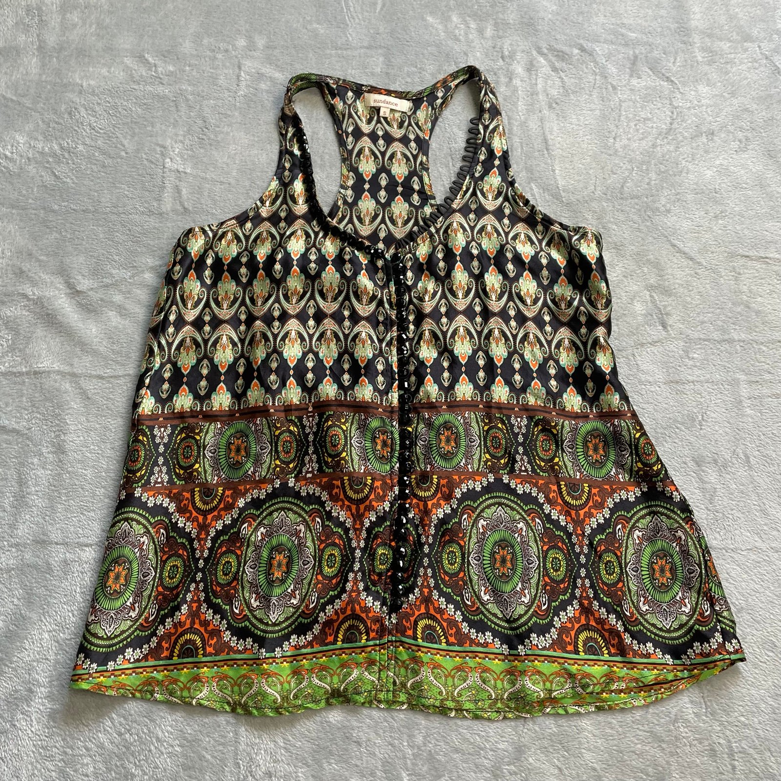 Sundance Top Small 100% Silk Beaded Tank Sleeveless Paisley Boho