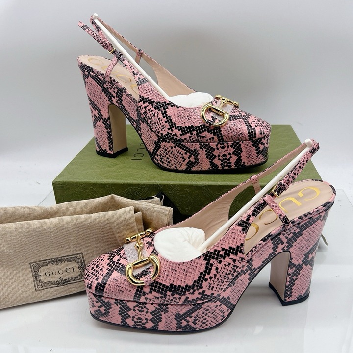 Gucci GG Horsebit Slingback Platform Heel Pumps Pink Snakeskin Leather EU 40