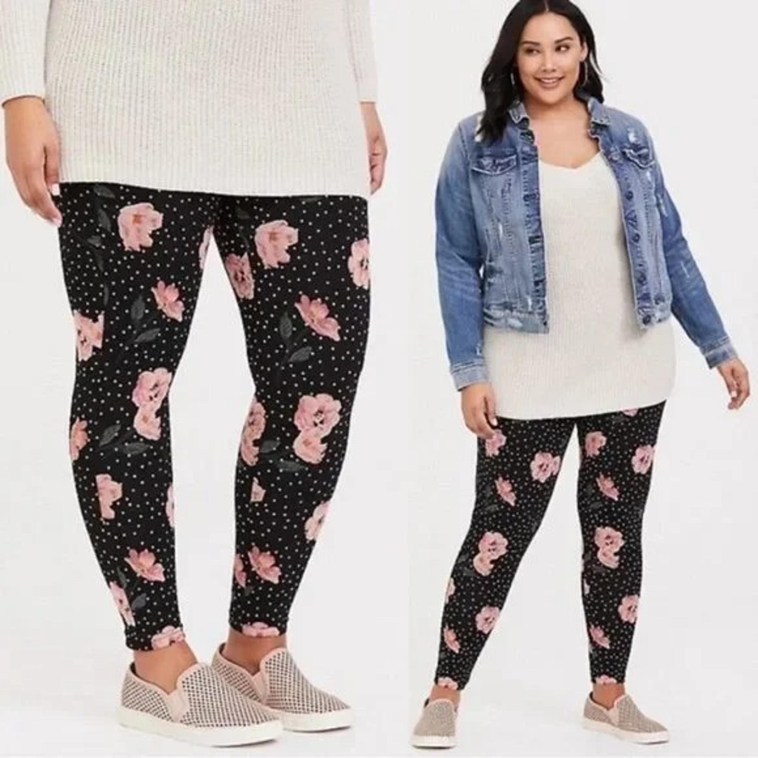 Torrid Plus Size Black Pink & Peach Floral Sprinkle Polka Dot Leggings