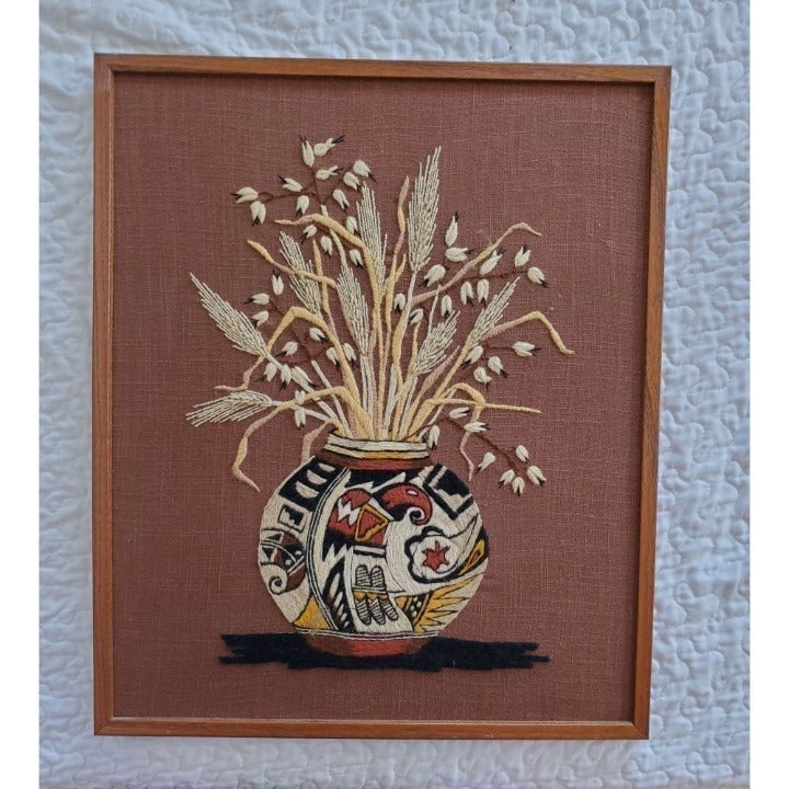 Southwestern Needlepoint Completed Native Pottery Picture Handmade 18 x 21 1/2
