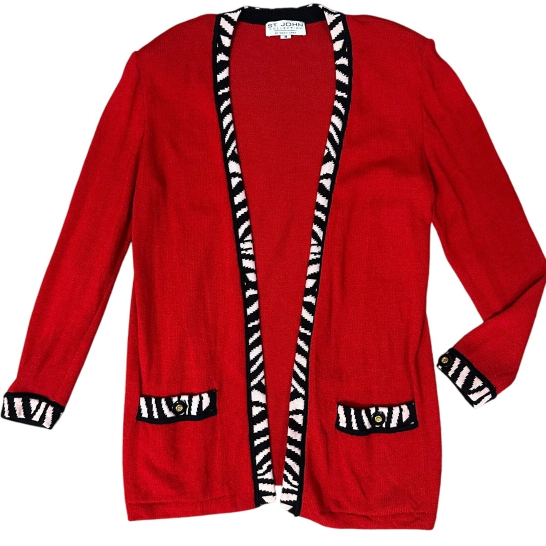 St. John Vintage Cherry Red Open Front Long Sleeve Zebra Trim Cardigan Medium