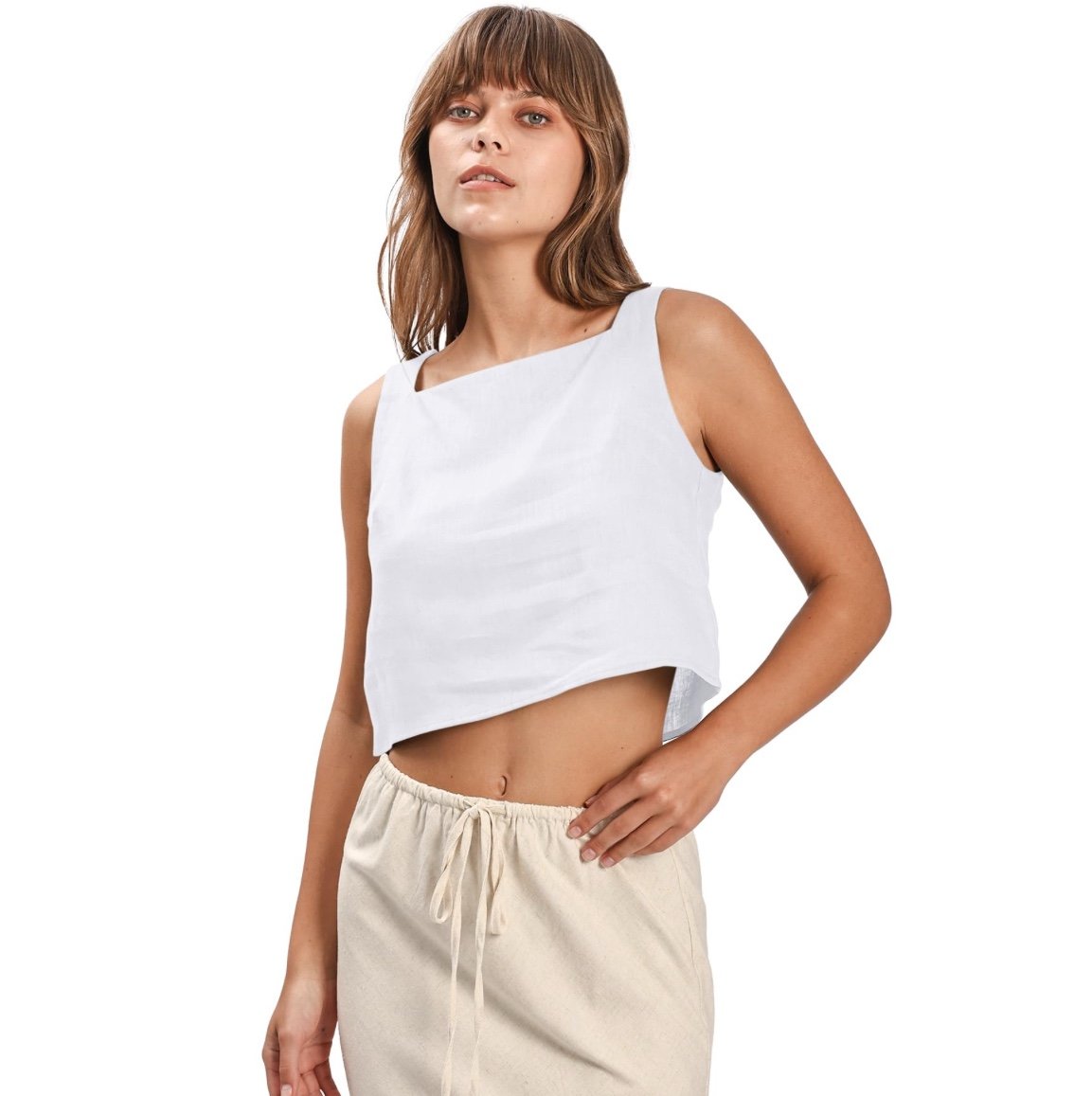 NWT 100% Linen Summer Square Neck Sleeveless Back Keyhole Crop Tops - M