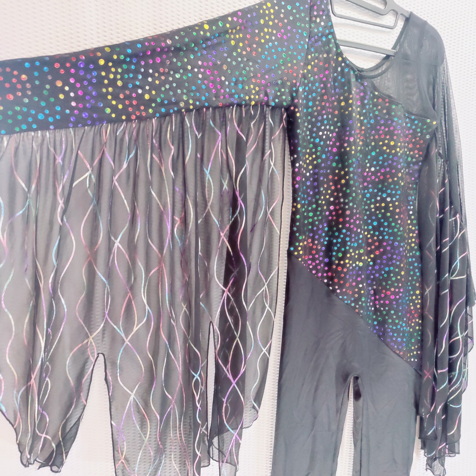 Rainbow Polka Dot Stretch Bodysuit Jumpsuit Sheer Flutter Arms Dancewear Vintage