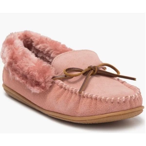 Minnetonka Camp Faux Fur Lined Moccasin Slipper (Women) Pink NWT Size 5