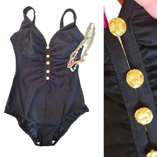 Vintage Black Gold Buttons Cut Outs One Piece Swimsuit Size 14 *fits like Med