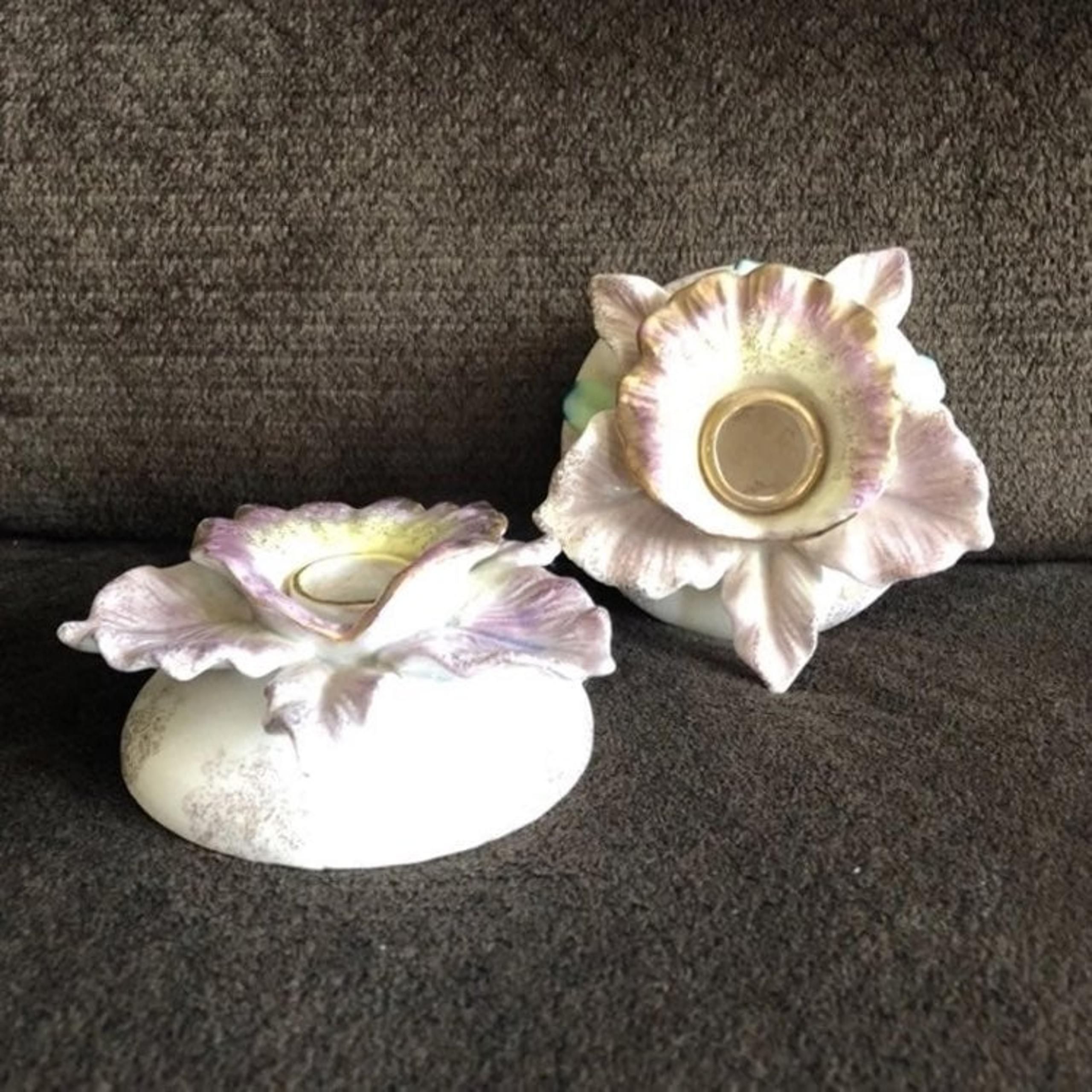 Set of 2 Vintage Commodore Japan Ceramic Elegant Purple Orchid Candlesticks