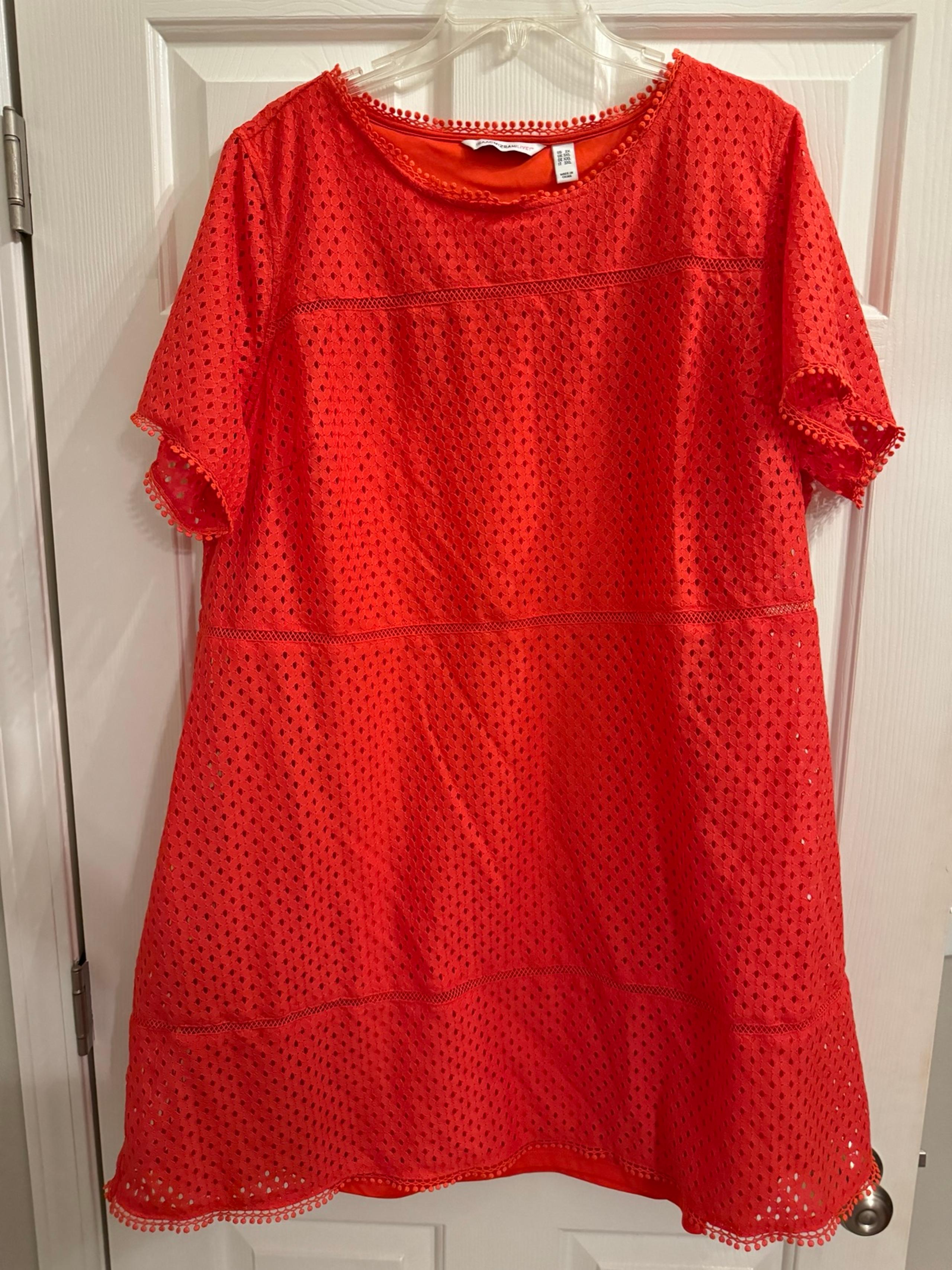 Isaac Mizrahi Live! Mixed Lace Fit and Flare Dress Bright Coral Color Size 2XL