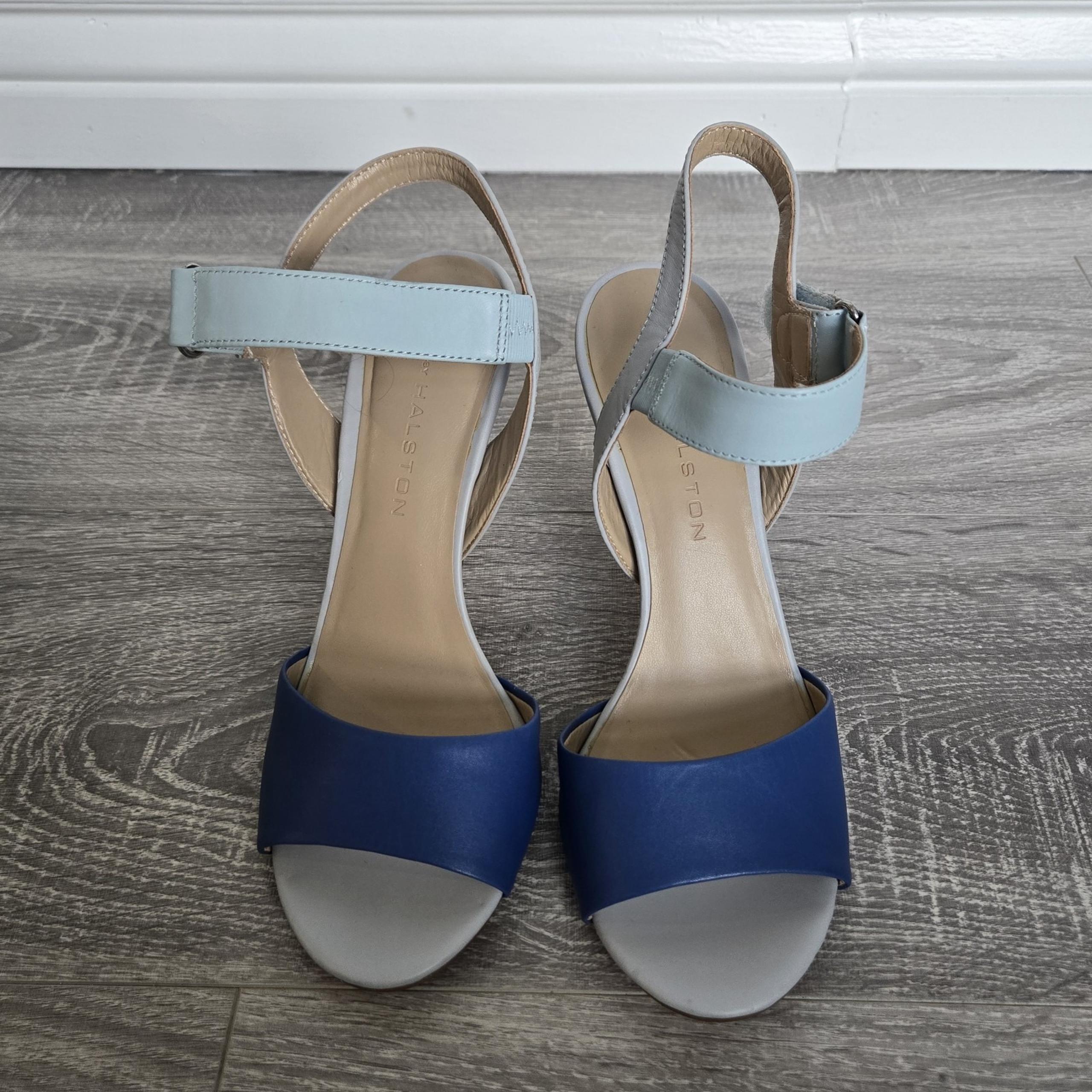 H by Halston Ink Blue Leather Ankle Strap High Heel Sandal Maya 7.5