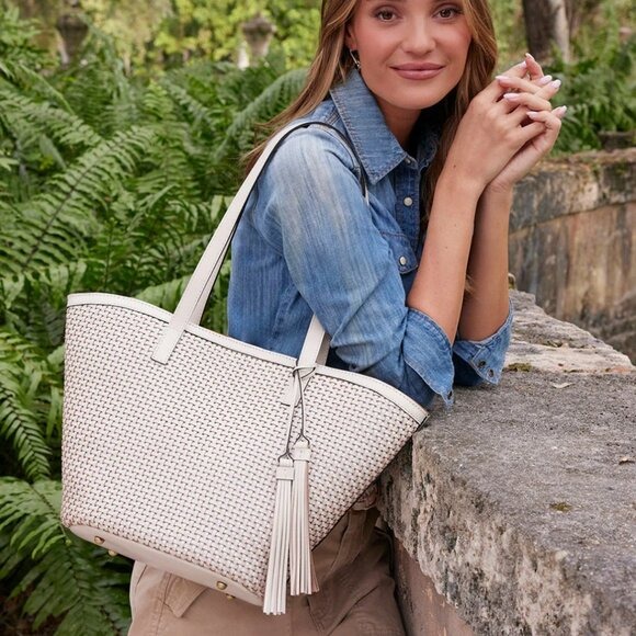 Patricia Nash Marconia Tote Woven Leather Latte Dark White Handbag*
