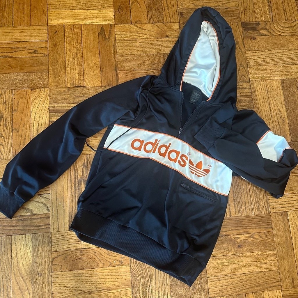 Vintage Adidas Hoodie blue Orange piping Size Small