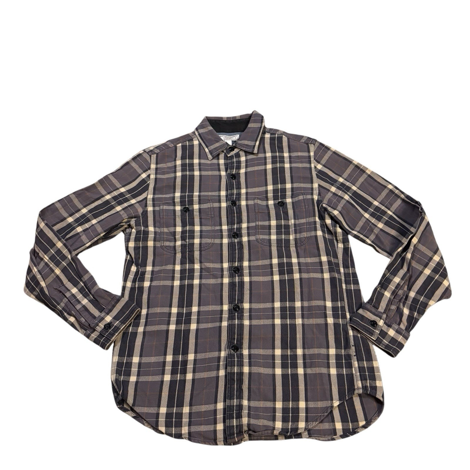 Wallace & Barnes Flannel Work Shirt Blue Grey Orange Plaid Mens Small