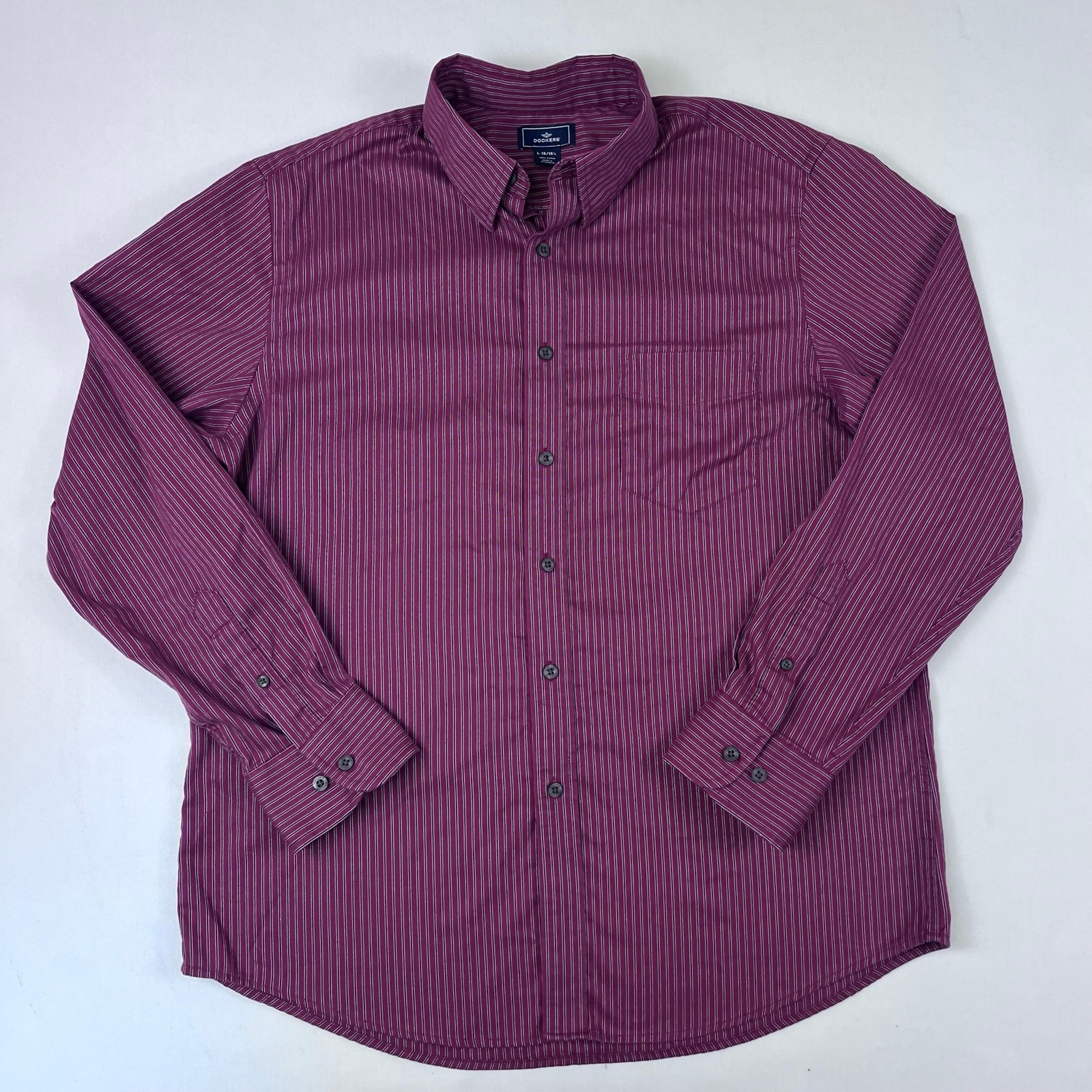 Dockers Mens Dress Shirt Size Large Striped Long Sleeve Button Down Burgundy Top
