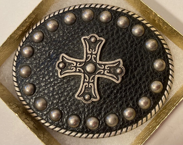 Vintage Metal Belt Buckle, Black Leather, Cross, Crucifix, Gothic, Religious