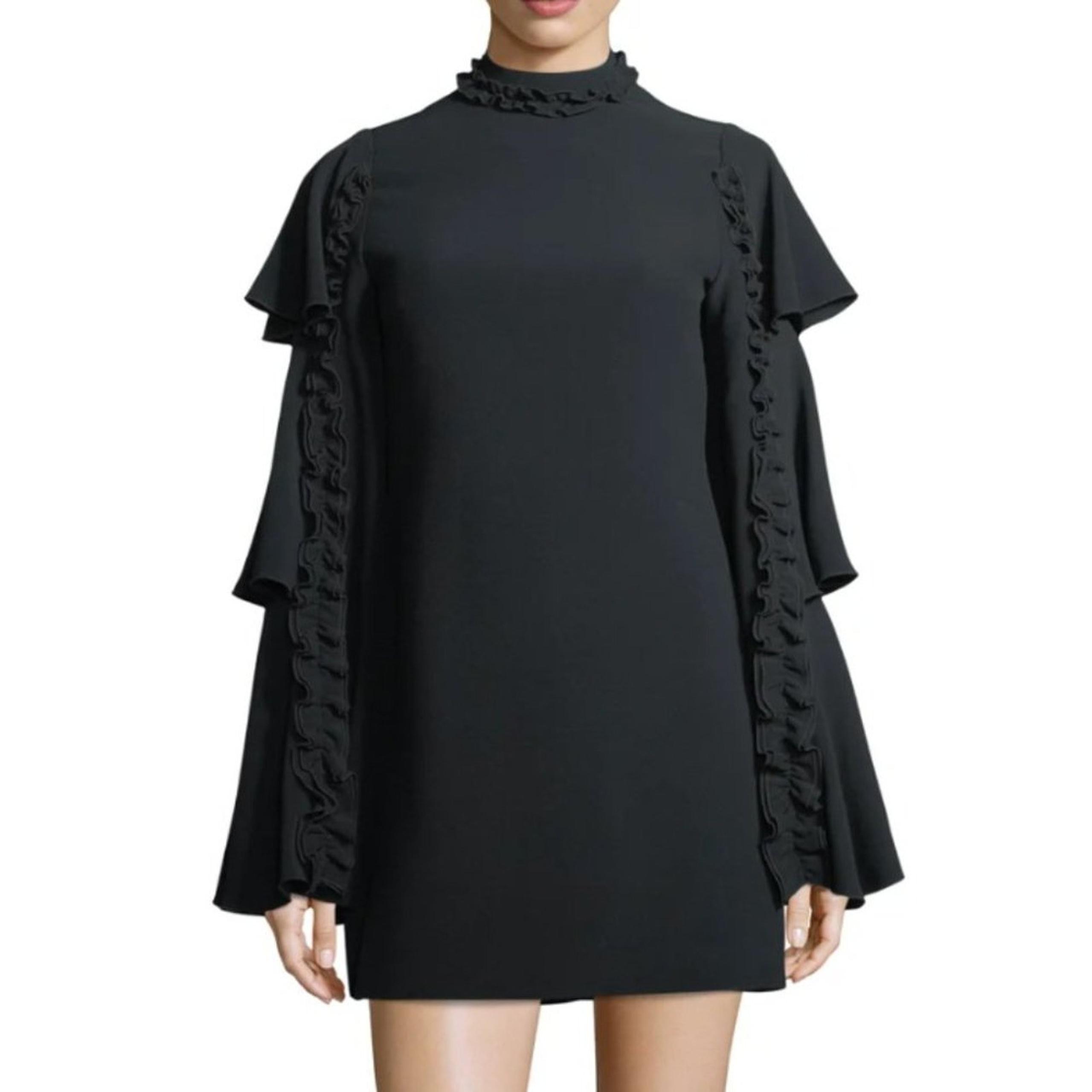 Alexis Black Marianne Tiered Bell-Sleeve Crepe Mini Dress Ruffled Trim Size M