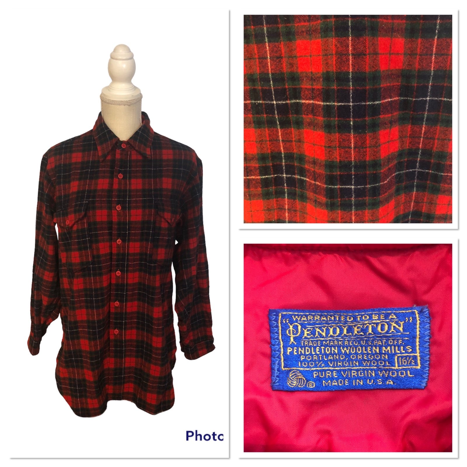 Vintage Pendleton Red Tartan Plaid Wool Button Down Shirt Men's 16.5 Collar