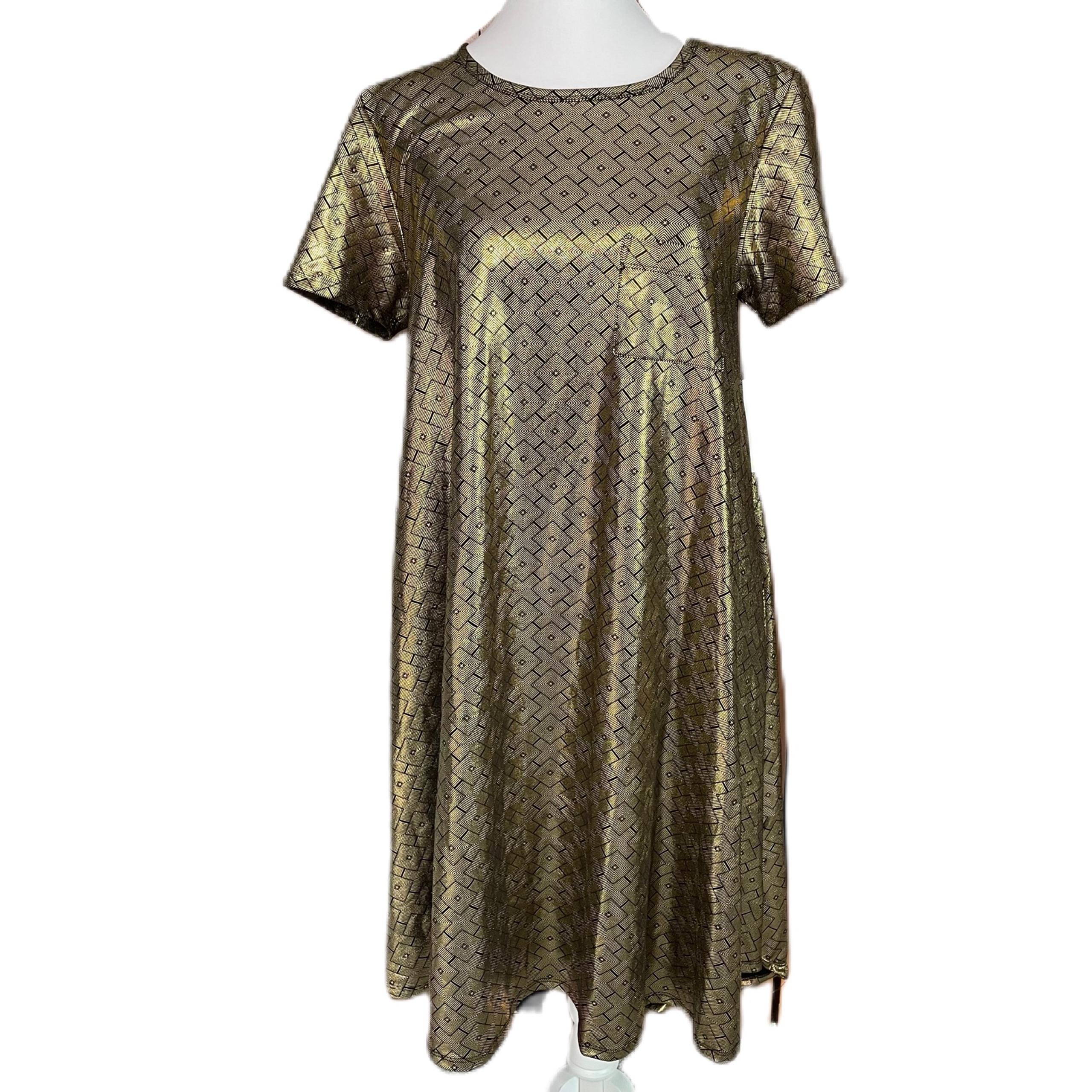 LuLaRoe Elegant Carly Women’s Gold Geometric High Low Swing Dress NWT Small