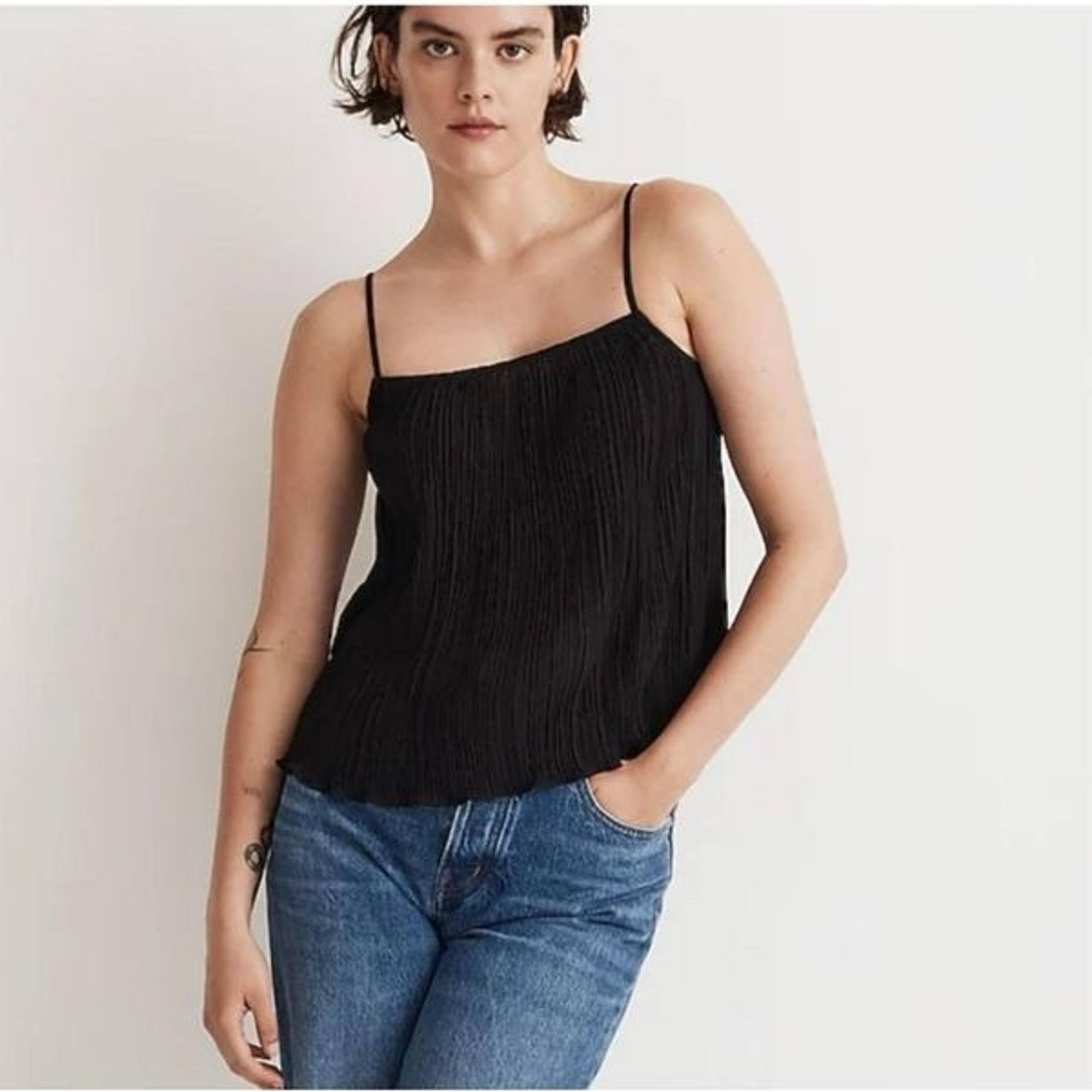 Madewell Cami Tank Womens Large Black Plisse Cropped Spaghetti Strap Pleated NWT