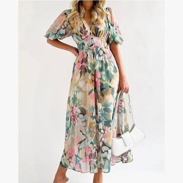 Boho Multi-Green Print Flowy Dress