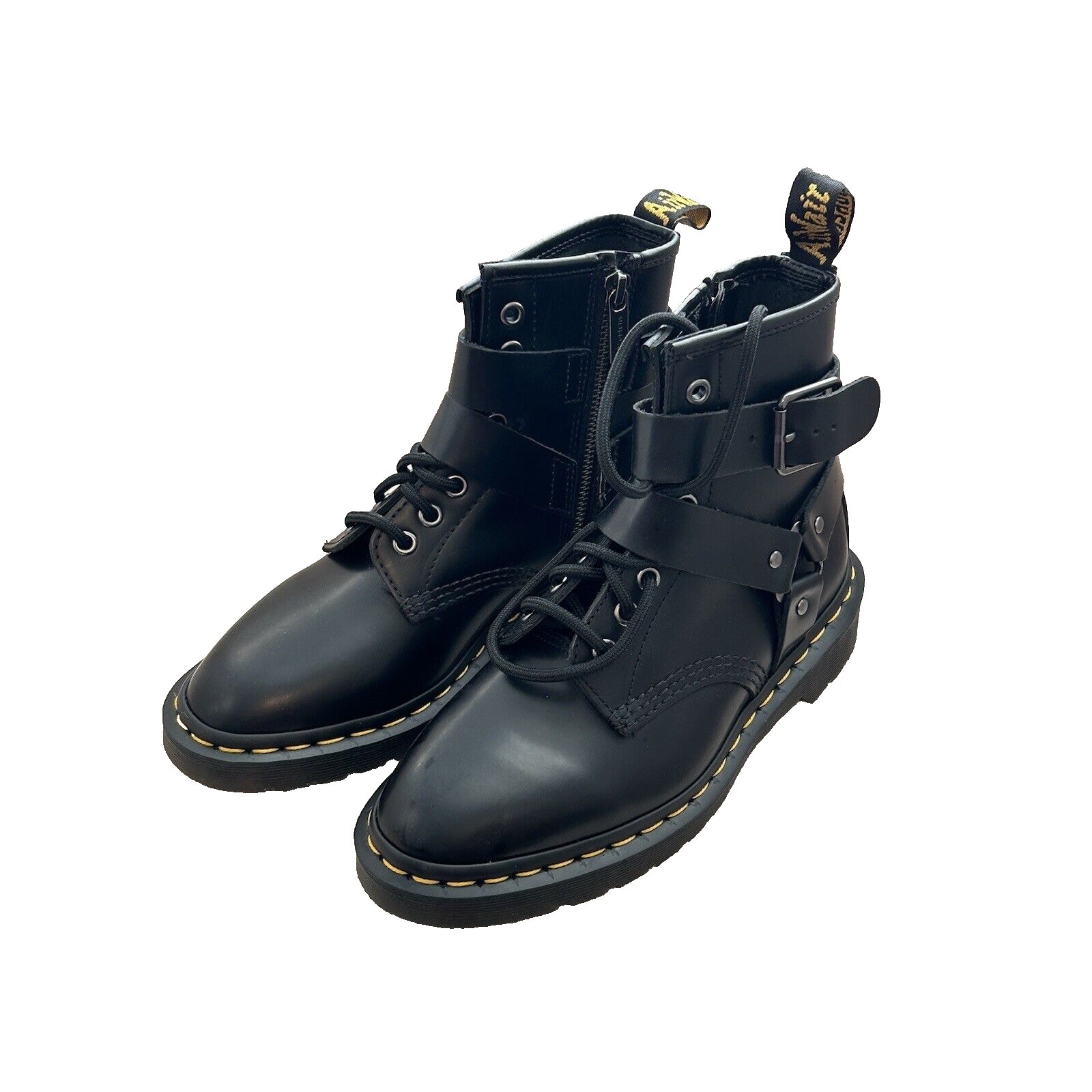 Dr Martens Unisex Sz 5 Cristofor Black Leather Harness Buckle Lace-up Boots NWOT