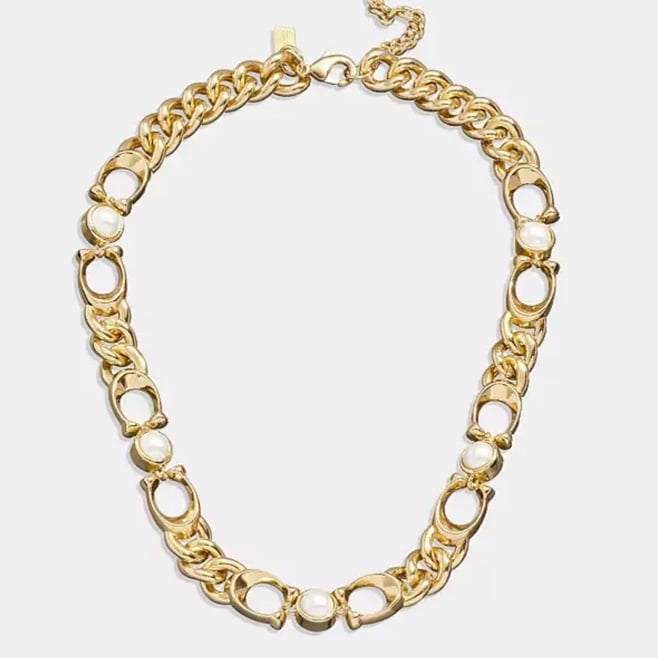 NWT Coach Signature Curb Chain Necklace gold pearl