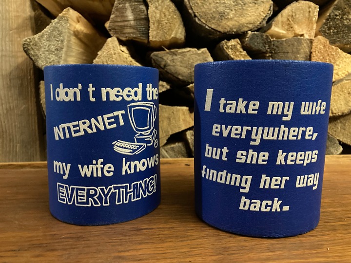 vintage beer can bottle koozies foam novelty funny humor marriage wife husband