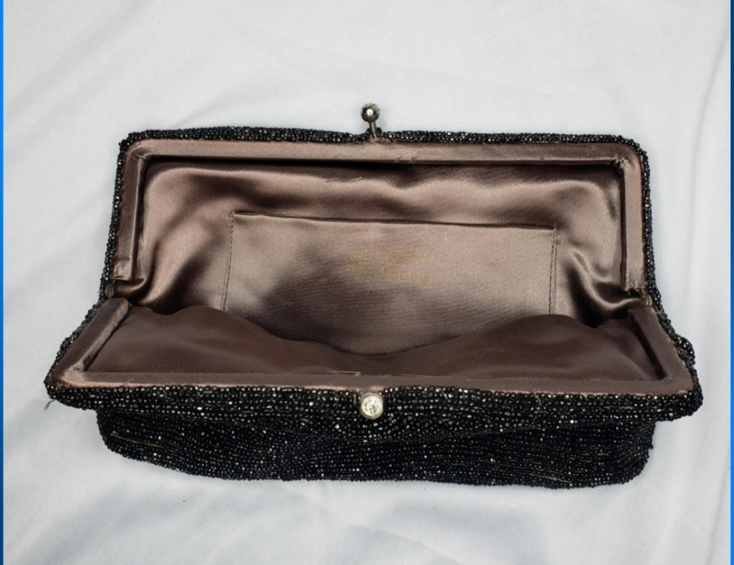 Walborg beaded clutch, evening purse,soft satin interior with mirror 1950s!